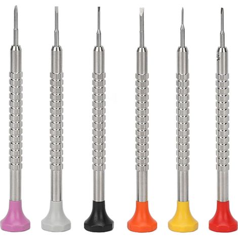 Jeu de 6 tournevis de précision pour montres, type à fente, en acier rapide avec manche spécial, largement utilisé par les bijoutiers. (1/5)
