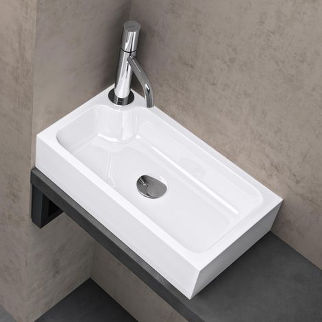 doporro Lavabo sobre Encimera Lavabo Derecho Baño Rectangular Mármol Fundido 46x26x11cm Blanco Brillante con Recubrimiento de Nano Colossum101