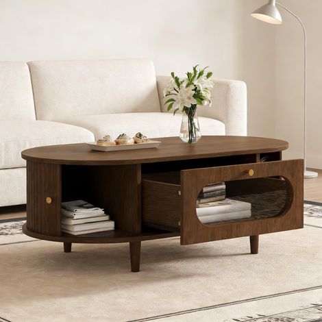 Table basse de salon 100 x 50 x 36 cm, finition noyer. Table basse avec un tiroir, console avec porte enroulable, table d'appoint, table de salon à 4 pieds, finition noyer.