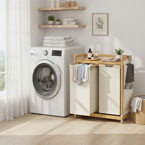Panier à linge 2 compartiments, bambou, collecteur de linge 150 L, avec étagère, blanc (1/5)