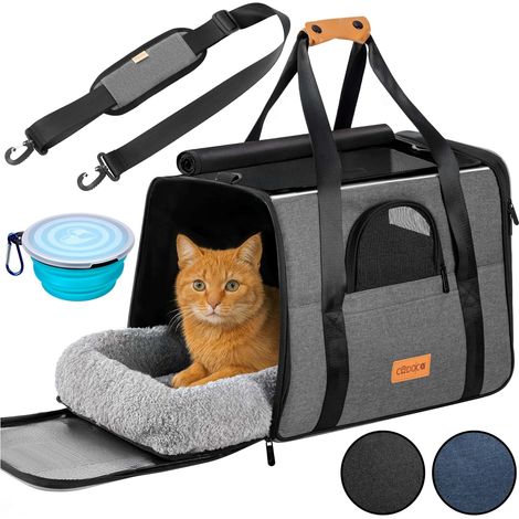 CADOCA® Pet Transport Box for Cats or Small Dogs up to 20 kg Foldable Carrying Bag with Shoulder Strap & Bowl Breathable Comfortable Reversible Cushion Cat Dog Car Carry Cage Grey (1/5)