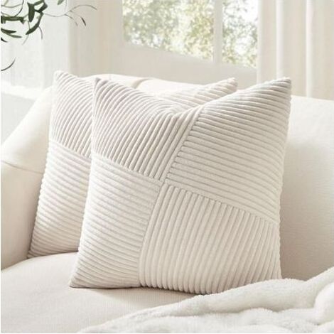 Housse Coussin 45x45 Crème Blanc en Velours Côtelé Super Doux, Lot de 2 Housse Coussin Decoratif Canape Motif à Rayures Patchwork Decoration Maison Salon Chambre pour Canapé Bohème Art déco (1/4)