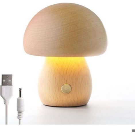 Lampe Champignon - Bois Noyer et Hêtre - LED Non Flicker - Réglage Tactile 3 Niveaux - Rechargeable USB - Veilleuse Portable - 1 Pièce (1/5)