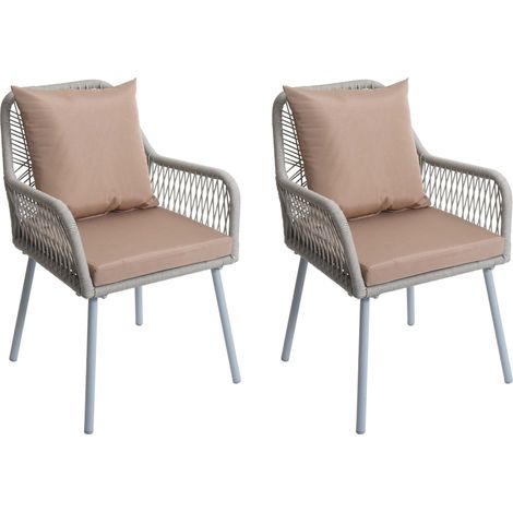 [NEUWERTIG] 2er-Set Gartenstuhl HHG-475, Outdoor Sitz-/Rückenpolster Aluminium Seilgeflecht Rope grau, Bezug taupe