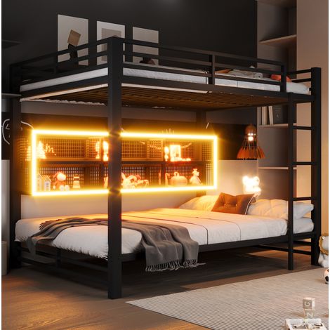 Okwish Lit superposé 140x200 cm avec rangements et LED, métal, noir (Sans matelas) (1/5)