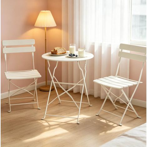 Juego de mesa y sillas de jardín plegable 1 mesa 2 sillas de metal crema OKMYHOME (1/5)