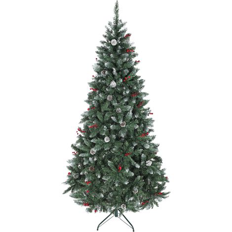 Sapin de Noël 210 cm Intérieur, 928 Branches, Pommes de Pin et Baies Rouges, Pied Métal, Vert (1/5)