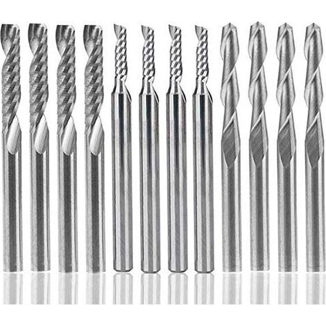 Juego de 12 brocas de carburo para fresadora, 4 brocas CNC de doble flauta de 1/8" + 8 brocas de una sola flauta (2 tipos) para nailon, resina, ABS, acrílico, PVC, MDF y madera. (1/5)
