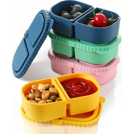 4 Pièces Boîtes à Collation en Silicone avec Couvercles, 240ml 2 Compartiments Empilables Alimentaires Boîte avec Couvercles Étanches, Compatibles Lave-Vaisselle, Micro-Ondes et Congélateur (1/5)