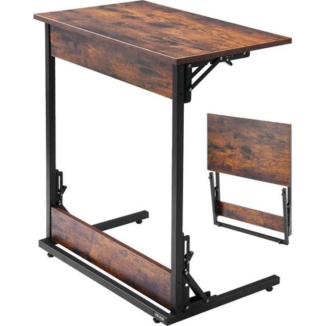 Table d'appoint pliant en forme de C, bouts de canapé avec cadre en métal et pieds réglables, plateau TV pliable, table basse en C pour salon chambre à coucher bureau, 600 x 370 x 700 mm, marron (1/5)