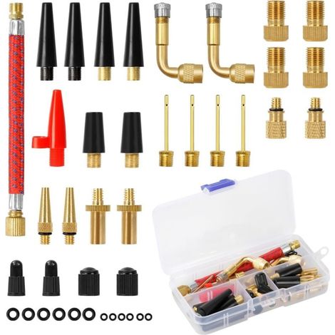 Embout Pompe Velo 40 Pièces, DV AV SV Adaptateur de Valve de Vélo avec Boîte de Rangement, Embout Gonfleur Ballon, Adaptateur Pompe Velo avec Tuyau de Gonflage, pour Pompe à Vélo/Compresseurs Pompes (1/4)