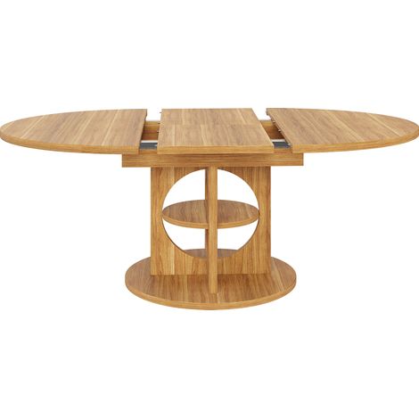 Table à manger extensible ronde à ovale avec rangement, MDF et métal, 110-150 cm, surface effet bois/noir (1/5)