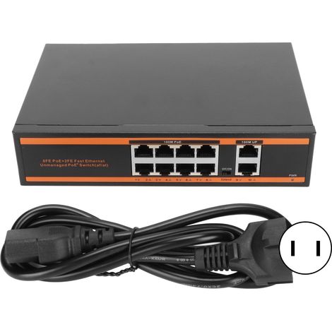 Commutateur PoE 10 Ports 8x100M PoE + 2x100M RJ45, conception sans ventilateur, IEEE 802.3at/af, 120W Ethernet, prise US 100‑240V. (1/5)