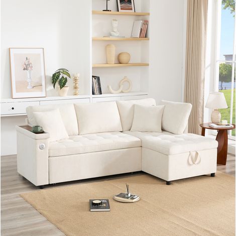 Canapé d'angle convertible 3 places en chenille beige avec rangement, USB et 2 coussins (1/5)