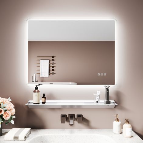 SIRHONA Miroir lumineux de salle de bain avec étagère éclairée - Miroir Carré Anti-Buée avec Bluetooth Éclairage LED 3 couleurs, Prise Intégrée, 80x60 cm