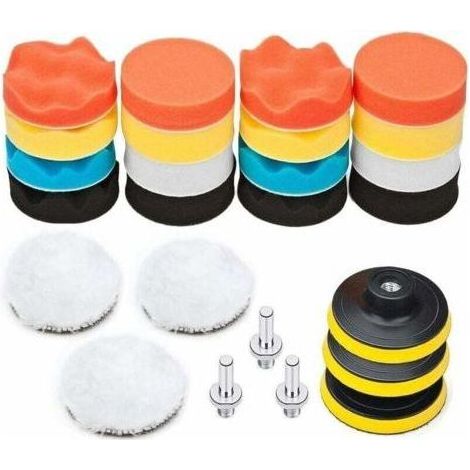 25Pcs Pollisage Voiture Kit, 75mm Éponge Disque de Polissage, Embout Polish pour Perceuse, Brosse a Polir pour Meuleuse,Tampon Lustrage avec M10 Adaptateu (1/4)