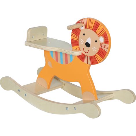 Cheval à bascule enfant bois lion guidon base stable 59x27x43 cm orange