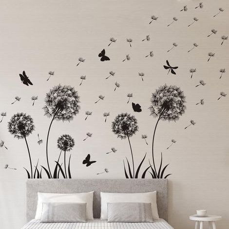 Autocollant mural de pissenlit noir, autocollant mural de fleur de papillon, décoration d'autocollant de mur de fond de TV-1pc (1/4)