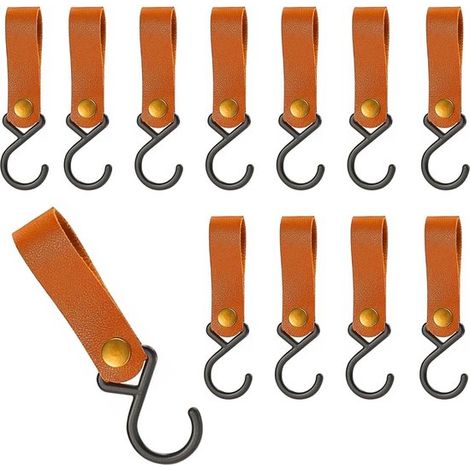 Lot de 12 crochets pour vêtements - Crochets de penderie (boucle en cuir) pour suspendre les vêtements - Crochets de camping - Convient pour la cuisine et la salle de bain - Couleur caramel (1/5)
