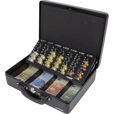 HMF 10026-02 Geldkassette Tragegriff, Transportkassette, Euro-Münzzählbrett, 30 x 24 x 9 cm, schwarz (1/5)