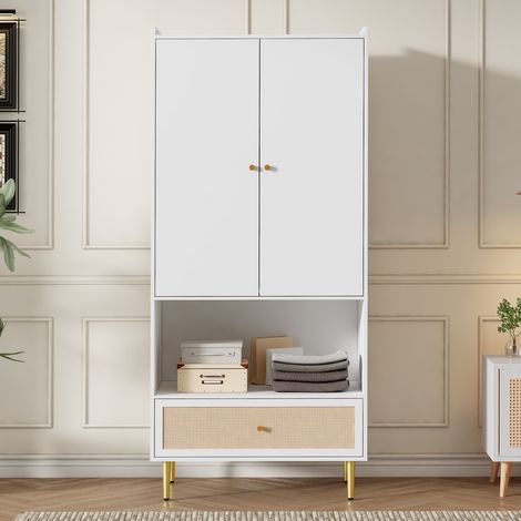 Armoire 2 portes avec grand tiroir en rotin et penderie intégrée, meuble de chambre à coucher blanc, pieds et poignées métalliques, dimensions 80x48x175 cm, idéal pour chambre et salon. (1/5)