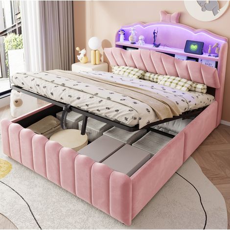 Kinderbett 140x200 cm aus rosa Samt mit hydraulischem Stauraum, ohne Matratze – MEUBLIV (1/5)