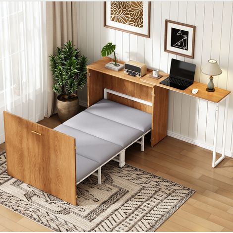 Letto a scomparsa 90x200 cm naturale, metallo e legno con scrivania girevole (1/5)