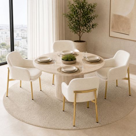 Sedia da pranzo minimalista con braccioli, struttura in metallo e legno, bianco (1/5)