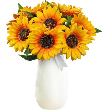 Lot de 10 tournesols artificiels à tige unique, réalistes, en soie, pour centres de table de mariage, décoration de jardin et de fête. (1/5)