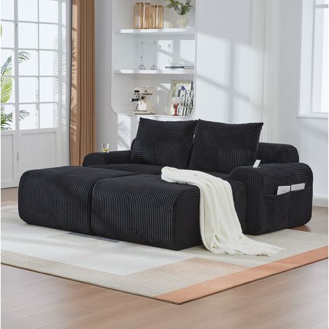 Canapé modulaire 2 places en velours côtelé noir avec porte-gobelet et poche latérale, 200x174x80 cm (1/5)
