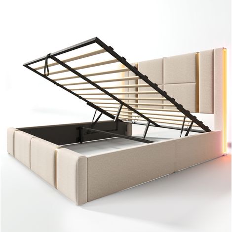 Lit coffre 160x200 beige en lin avec LED USB Type C et sommier (1/5)