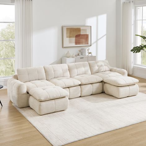 Canapé panoramique en U XL 4 places avec pouf, canapé modulable en chenille avec assise épaisse et modules séparables Beige, 334 x 160 x 68 cm (1/5)