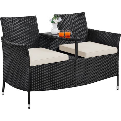 Yaheetech – Salon de jardin 2 places en polyrotin tissé – Coussins amovibles – Table en verre trempé – Résistant aux intempéries – Noir/beige (1/5)