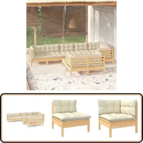 9-tlg. Garten-Lounge-Set mit Creme Kissen Massivholz Kiefer - Gartenmöbeln - Lounge Set - Gartenmöbel Set - Kiefernholz - Outdoor Möbel