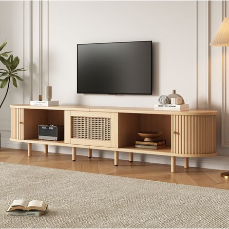 Meuble TV 180x40x40 cm avec porte coulissante, tiroir et rangement, MDF coloris naturel pour salon (1/5)