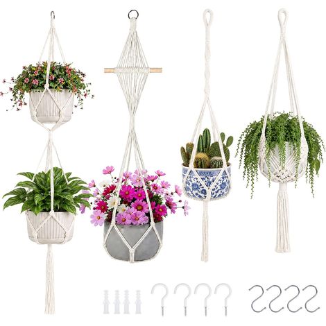 Lot de 4 Suspensions Macramé pour Plantes, Porte Pots Suspendus Bohème Chic en Corde de Coton avec Crochets (1/5)