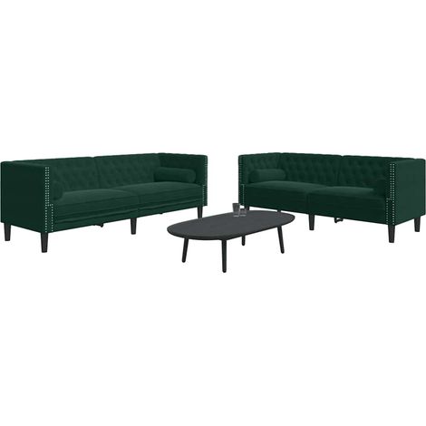 2-tlg. Chesterfield-Sofa-Set mit Nackenrollen Dunkelgrün Samt