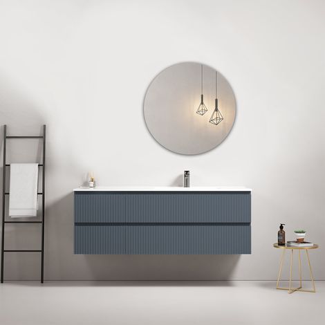 Mobile bagno sospeso cannettato 140 cm Blu Mare Lavabo a Destra in Resina Specchio Tondo - Fiji Paint (1/4)