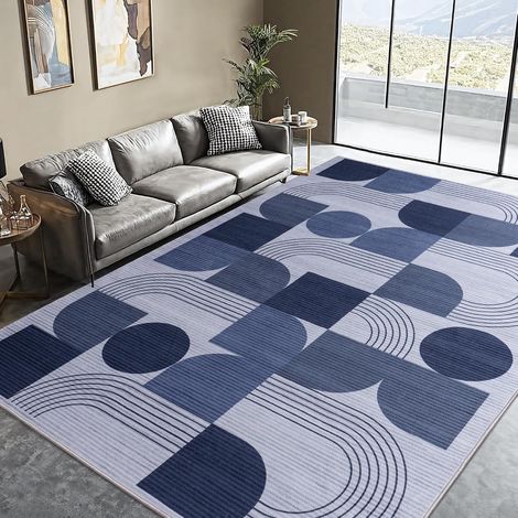 Grand tapis de salon, motif abstrait, moderne, bleu, 140 x 200 cm, à poils courts, lavable, pour chambre à coucher, bureau, salle à manger (1/5)