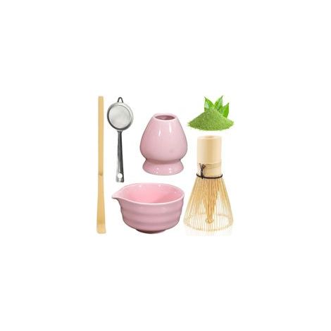 Ensemble matcha rose – bol en céramique, passoire, support et fouet japonais – ensemble complet (1/5)