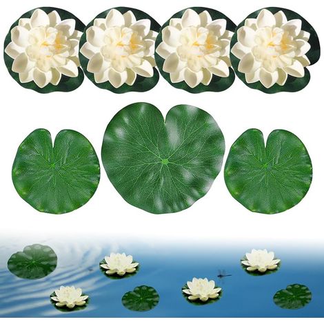 Lot de 7 fleurs de lotus artificielles flottantes pour décoration d'étang, feuillage et fleur en mousse pour étang, terrasse, jardin, piscine, aquarium, 2 styles (1/5)
