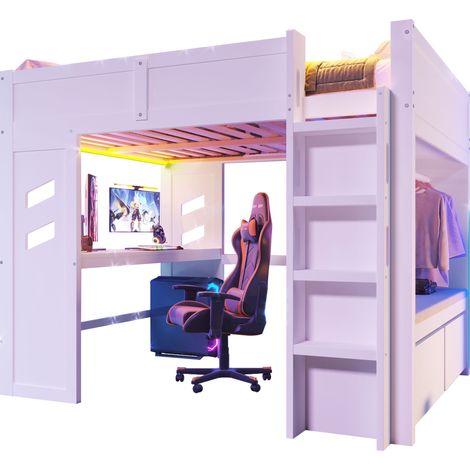 Cama Alta 140 x 200 Cm Con Escritorio, LED, USB, Tipo-C Y 2 Cajones, Sin Colchón, De Madera, Blanco (1/5)