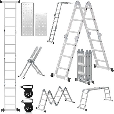 SWANEW Scala multifunzione in alluminio,scala multiuso 360cm, scala pieghevole 6 in 1 con 2 ruote e piattaforma, scala multiuso pieghevole 4 x 3 argento fino a 150KG (1/5)