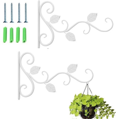 Lot de 2 supports pour plantes suspendues avec crochet mural, décoration de sonnettes à vent, crochet mural en fonte vis support pour lanterne pour suspendre paniers de plantes (blanc) (1/4)