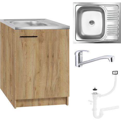 Meuble sous évier - 60 x 50 cm - Chêne doré - Pratique et moderne - Ensemble complet (1/5)