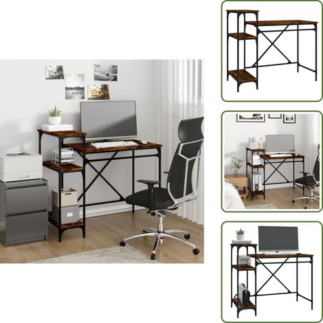 The Living Store Scrivania Ripiani Rovere Fumo 105x50x90cm Multistrato e Ferro - Scrivania in legno multistrato