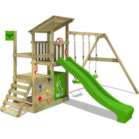 Aire de jeux FATMOOSE FruityForest - Vert pomme - Avec balançoire - Toboggan - Maison enfant extérieur - Bac à sable - Échelle d'escalade - Accessoires de jeux