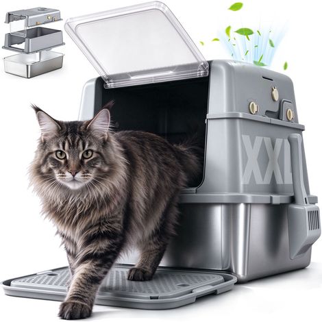 Bac à Litière INOX XXL pour Chat 3 en 1 - 60x40x40cm - Bac Étanche avec Couvercle Amovible, Tapis Anti-Litière, Rebords Surélevés, Pelle et Filtre Anti-Odeurs, Gris