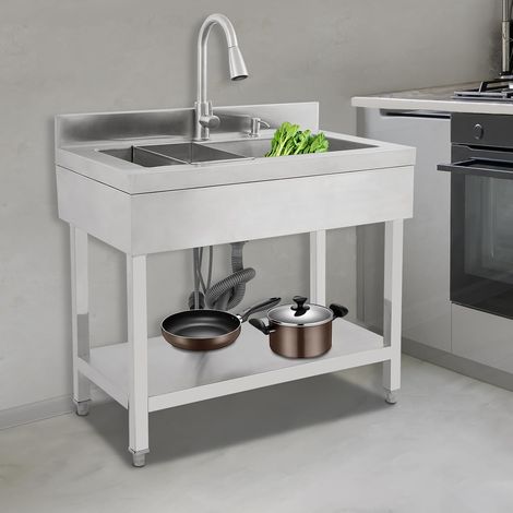 Évier en acier inoxydable, Évier de cuisine autonome, Éviers commerciaux avec robinet extractible, distributeur de savon et égouttoir, 90 x 60 x 80 cm (Argent) (1/5)