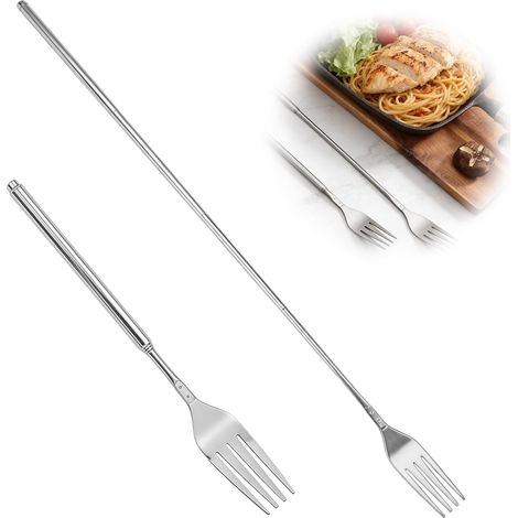 Tenedor telescópico, tenedor plegable y extensible de acero inoxidable plateado, portátil para camping, senderismo, barbacoa y uso doméstico (1/5)